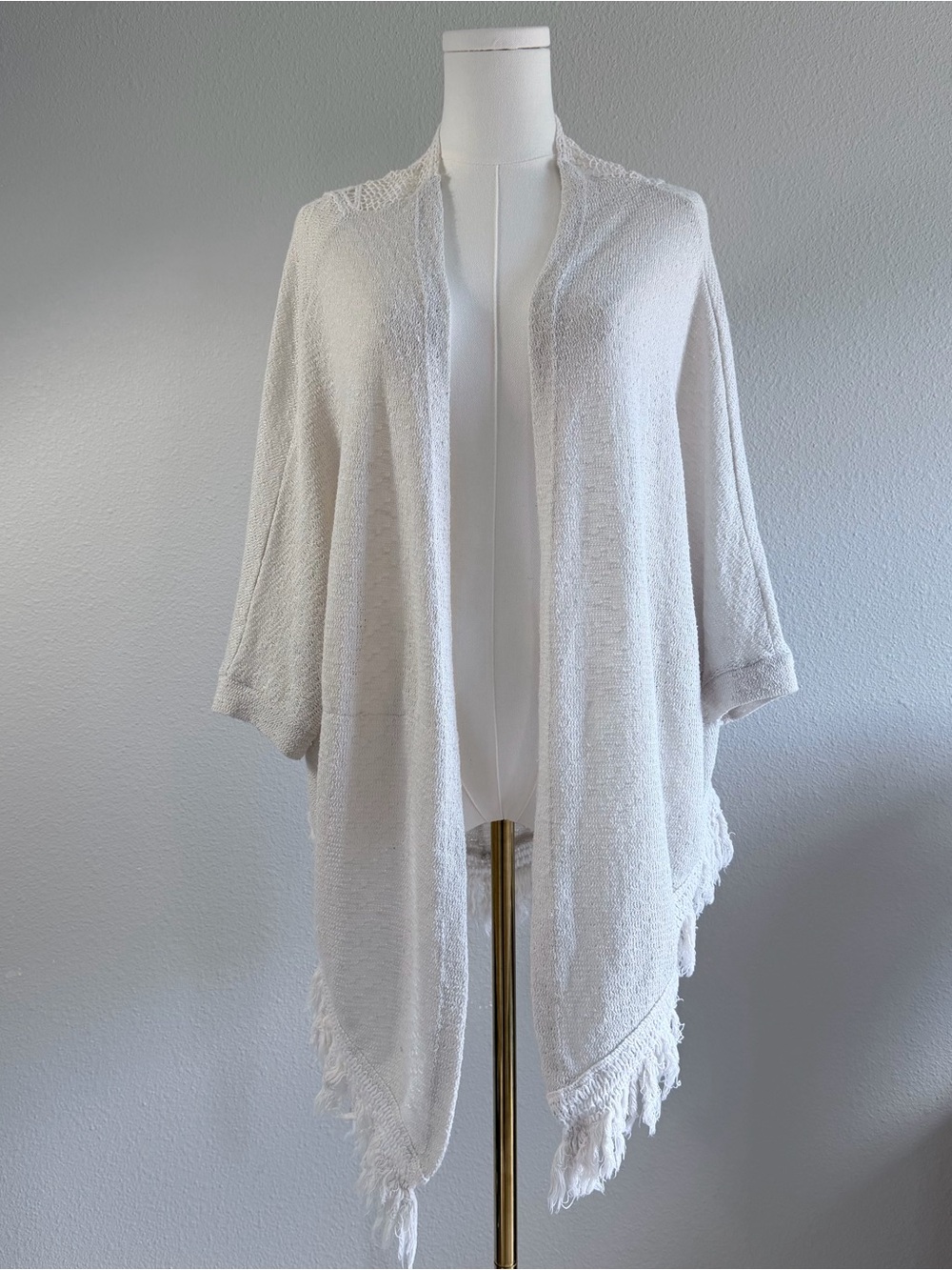 Alya Boho Cottagecore Open Front Crochet Cardigan Cream Fringe Shawl Wrap M
